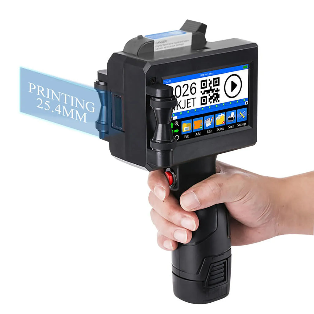 Portable handheld inkjet printer with touchscreen showing QR and settings menu
