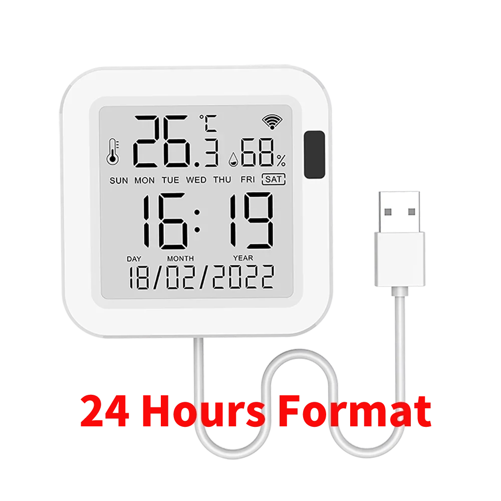 WiFi Temperature Humidity Sensor - Backlit Smart Climate Monitor 24 Hour Format Tidesmit