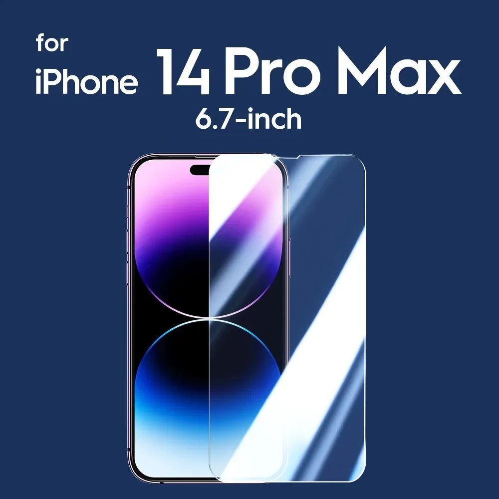 Clear glass screen protector for 6.7-inch iPhone 14 Pro Max to protect the phone display from scratches and impact.