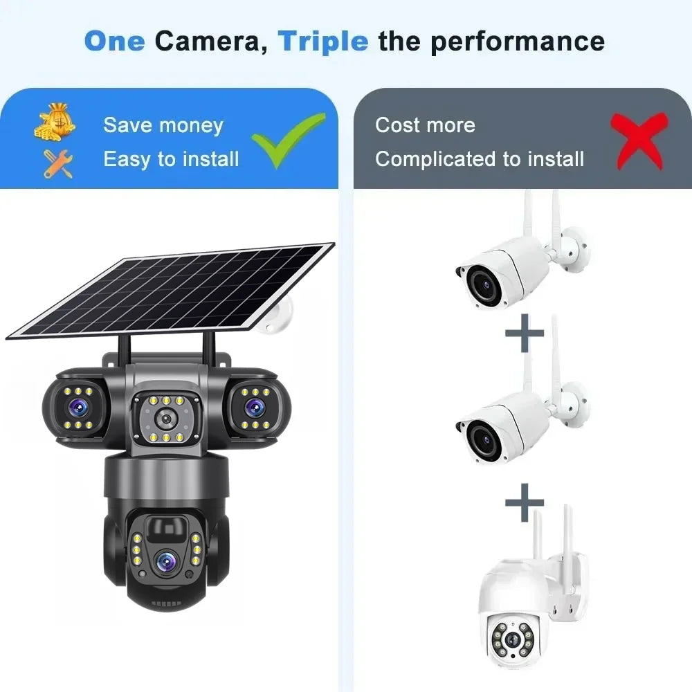 V380 Solar 4G IP Camera Outdoor 12MP 6K Triple Lenses Triple Screens Security Video Monitor Night Vision Waterproof CCTV Cameras