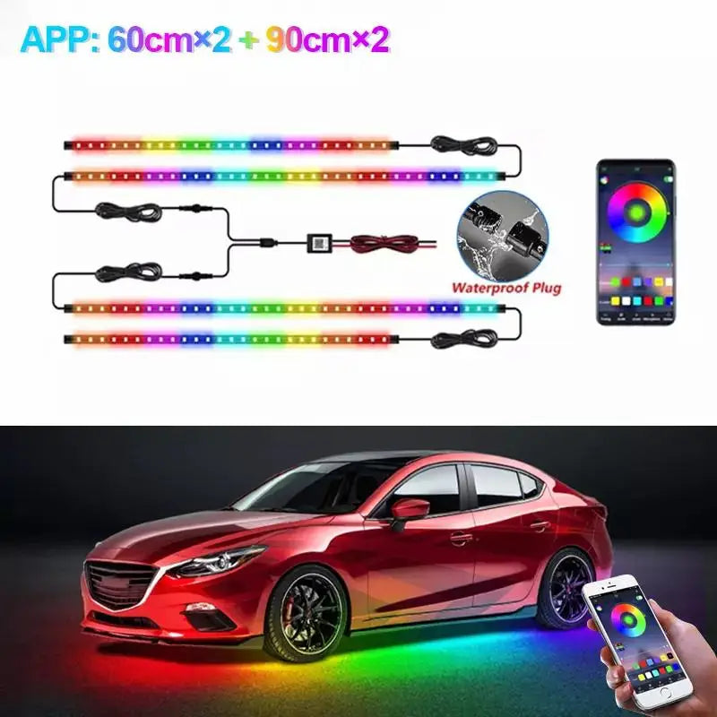 Multicolored LED light strips for car underglow, includes two 60cm and two 90cm strips with app-controlled waterproof.
