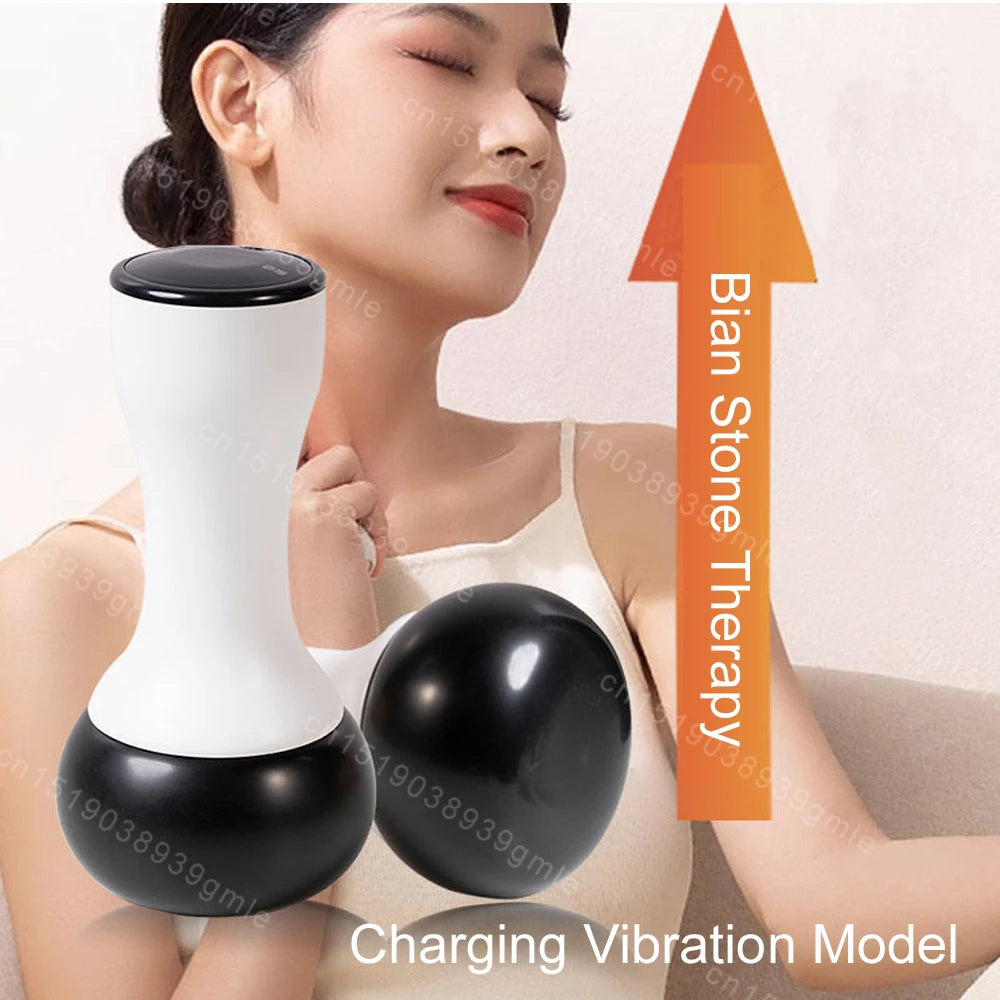 Electric heating Bian stone Gua Sha massager with a white, hourglass-shaped handle and a round black stone base.