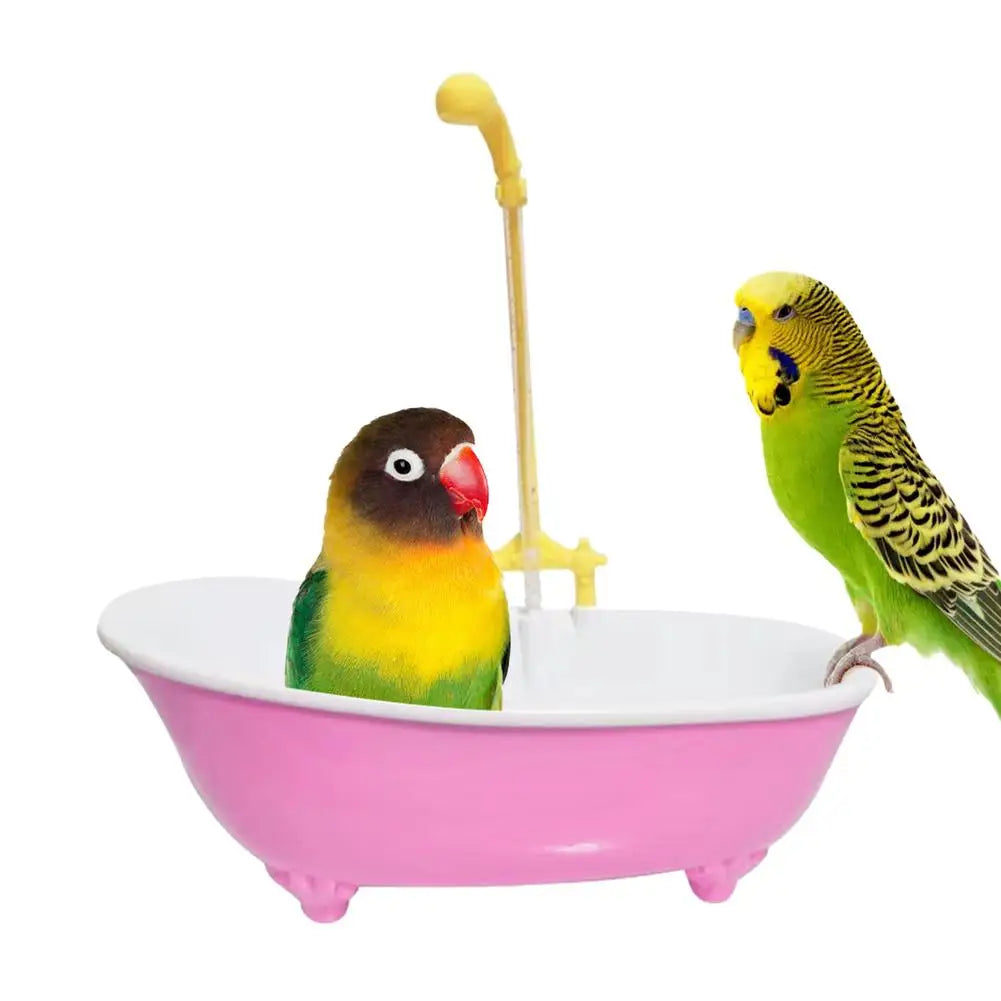 Automatic pink plastic bird bathtub for parakeets and parrots with a shower feature for easy cleaning and bathing.