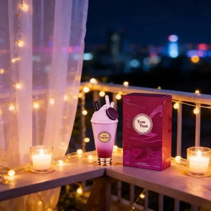 Yum Yum 100ml EDP for women: sweet floral fruity fragrance in a unique dessert-shaped bottle with premium packaging.