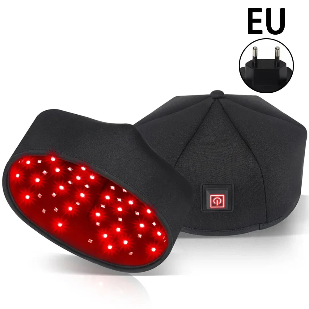 Black plug-in red light therapy hair growth cap with EU adapter, LLLT diodes for scalp treatment and hair loss.