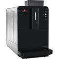 Mcilpoog automatic espresso coffee machine in black and brushed stainless steel with touch LED control panel.
