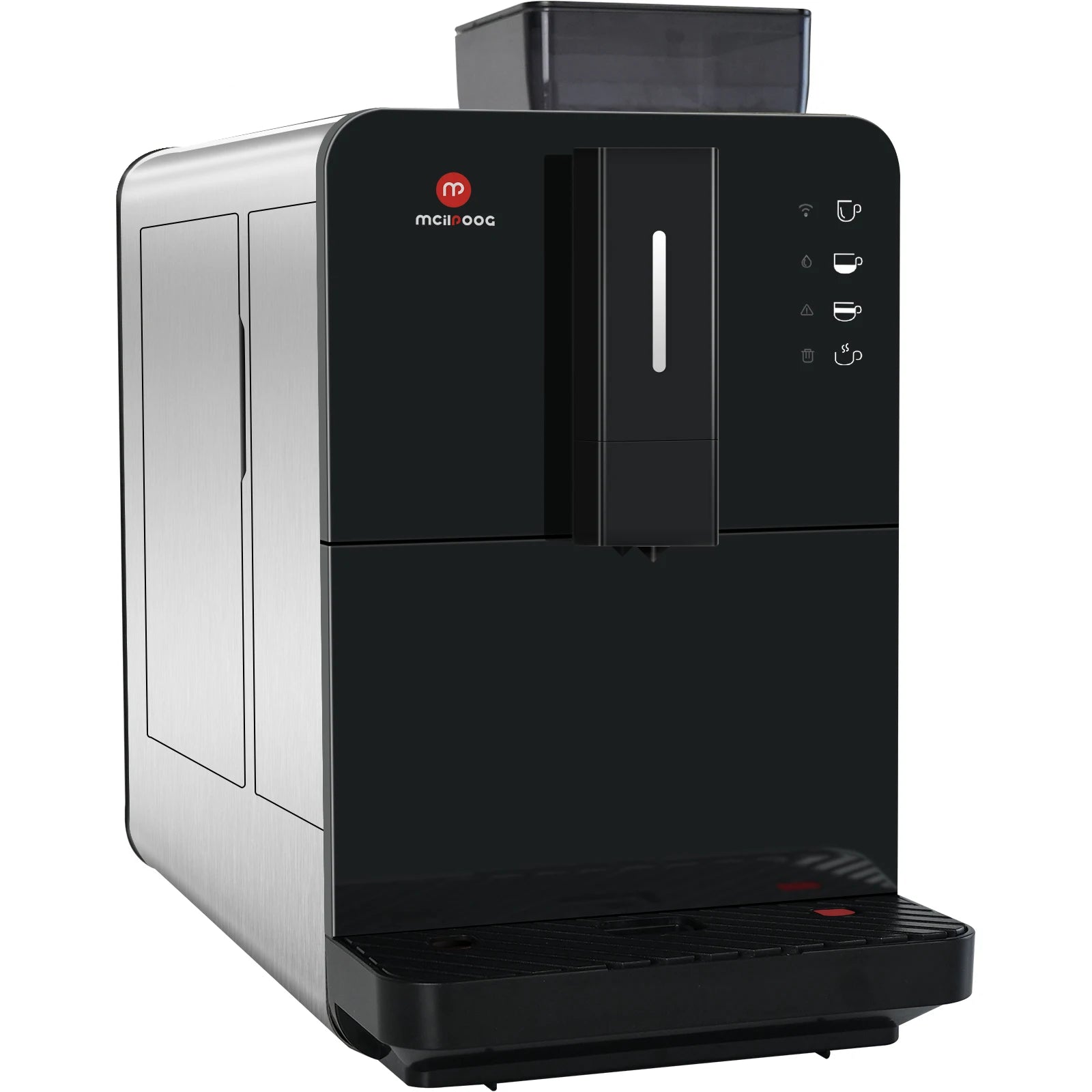 Mcilpoog automatic espresso coffee machine in black and brushed stainless steel with touch LED control panel.
