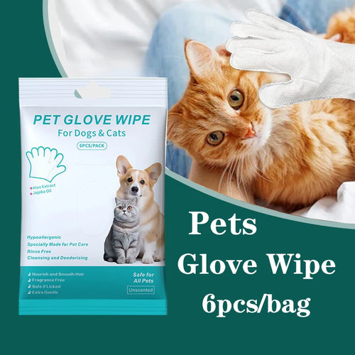 Pet glove wipe pack for cats and dogs, 6 wipes with disposable glove applicator