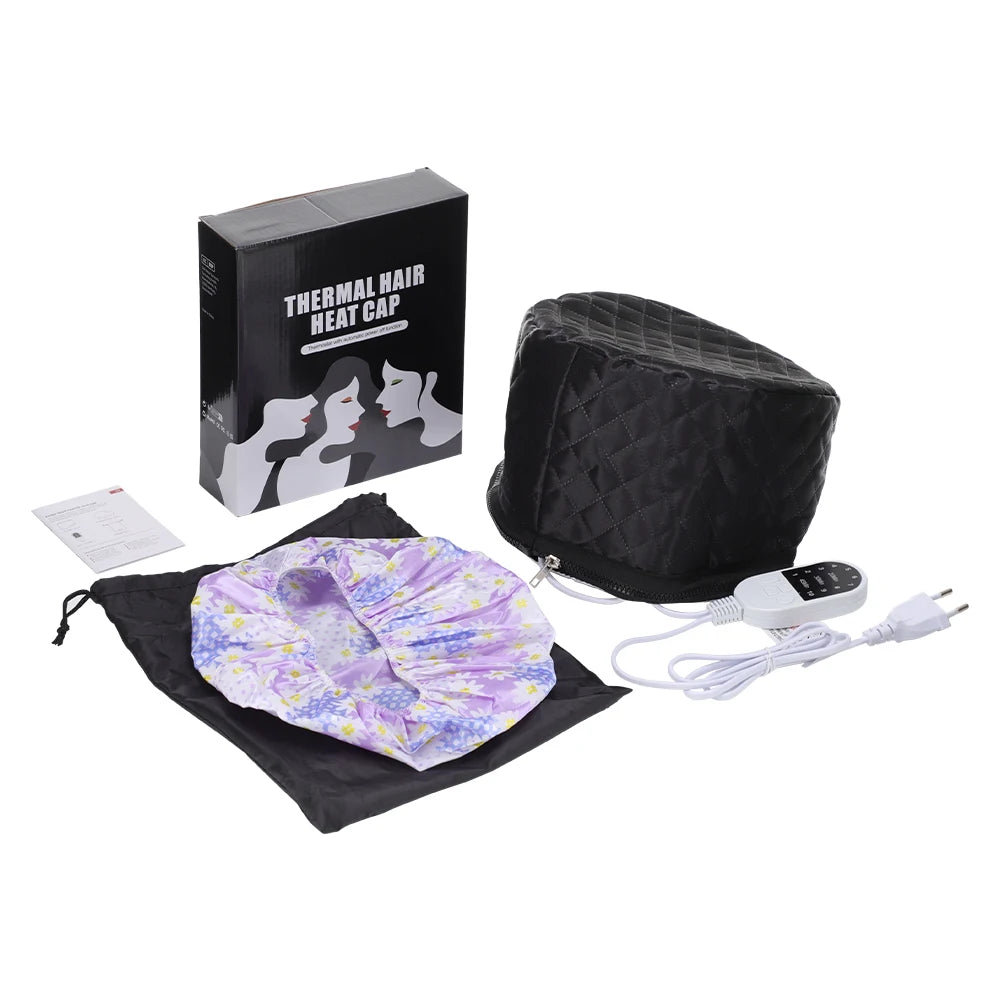 Black quilted electric hair steamer cap with floral inner liner, remote control, and travel bag for deep conditioning.