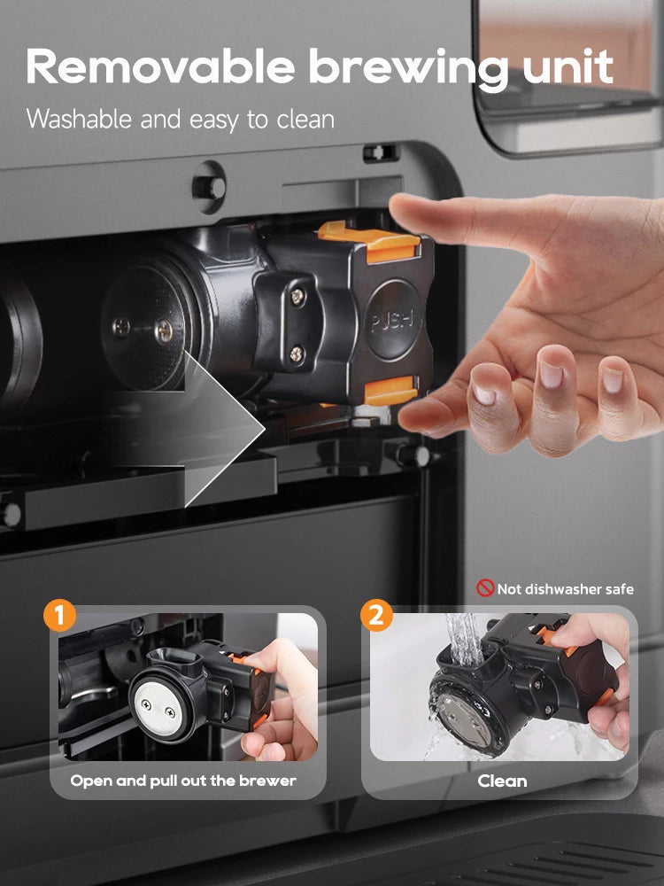 Black coffee maker with a removable, washable black plastic brewing unit featuring easy-to-use orange push buttons.
