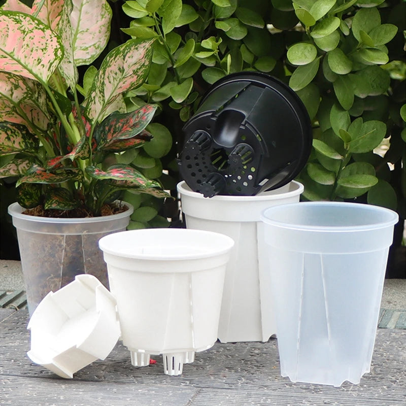 Self-watering transparent double-layer flowerpot with white base and black insert lid