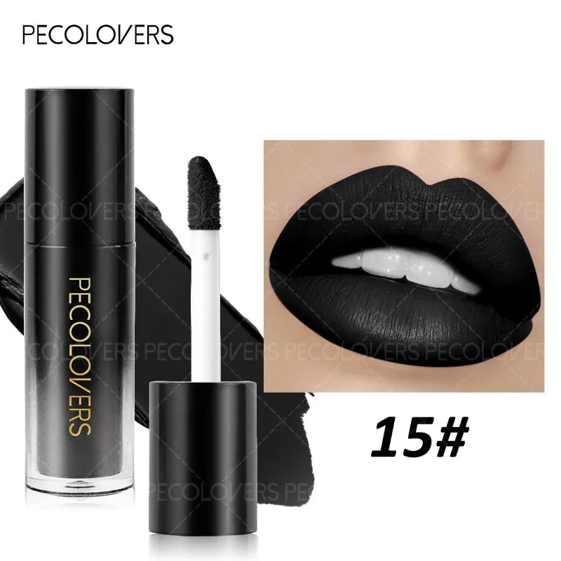 Long-lasting black matte liquid lipstick in a sleek black tube with applicator, showing a bold, non-drying finish.