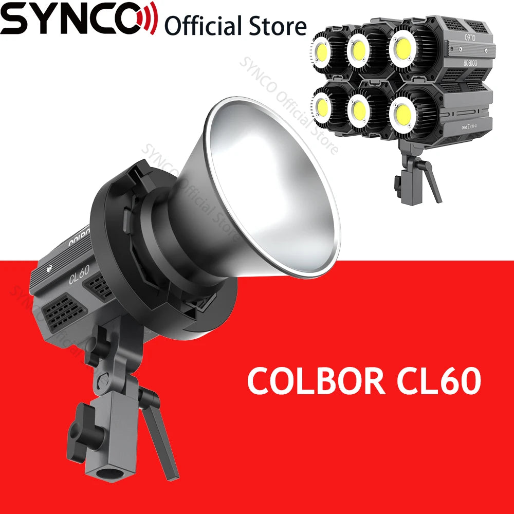 Colbor CL60 LED video light with a silver reflector and black mounting stand, also showing a multi-unit stacked array.