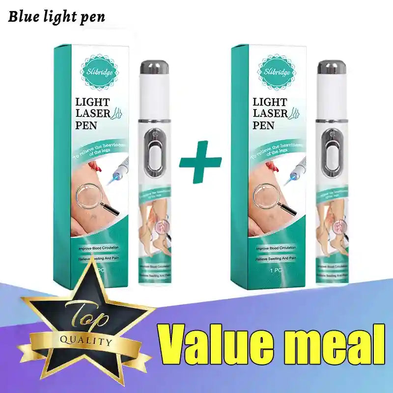 Two white and silver Slibridge blue light laser pens for leg care, each with its product box, shown as a value pack.