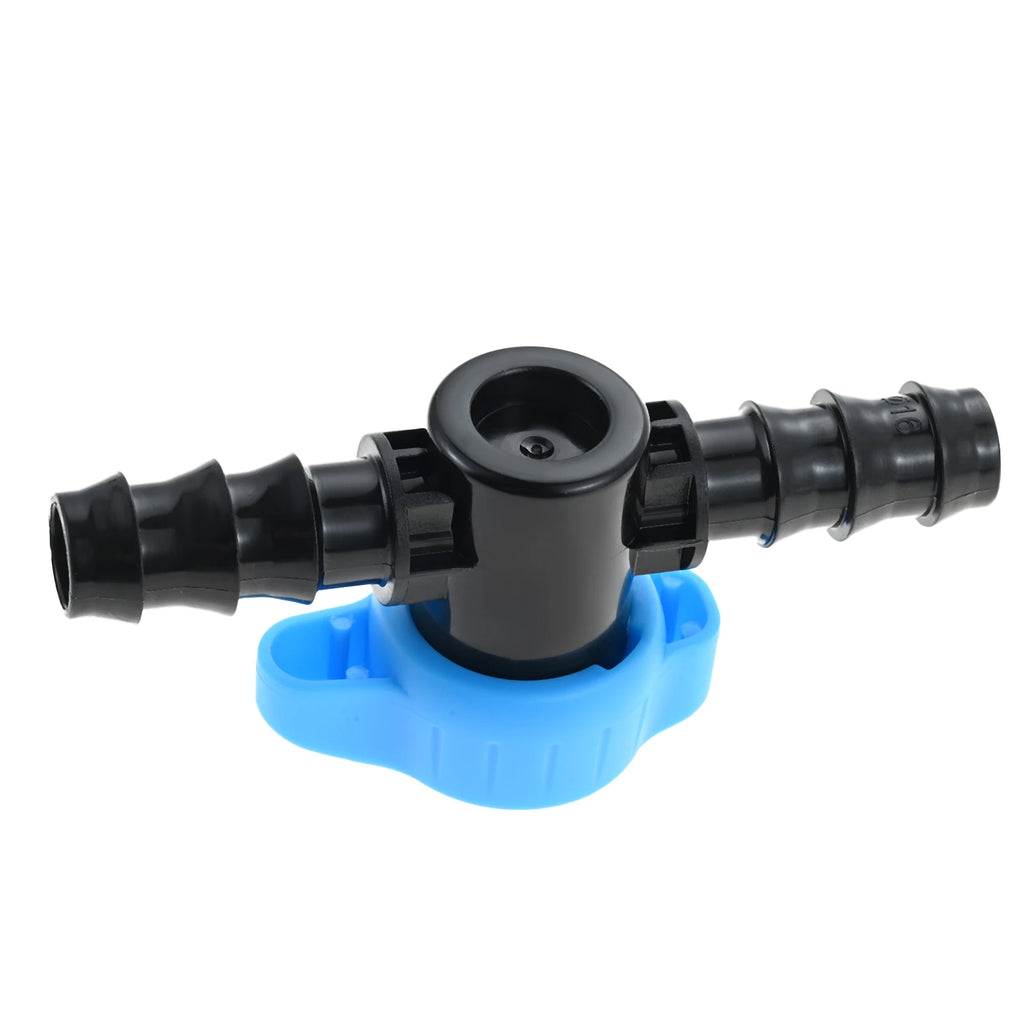 1/2 in drip irrigation barbed shut-off valve with blue base, black tubing ports