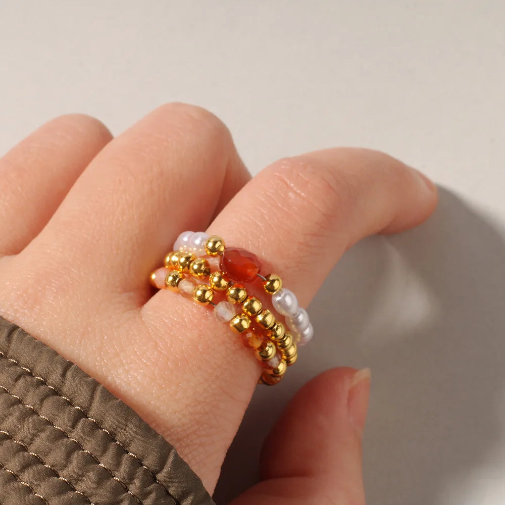 Beach style stacked natural stone ring - simple imitation pearl elastic rope bead ring - suitable for daily wear