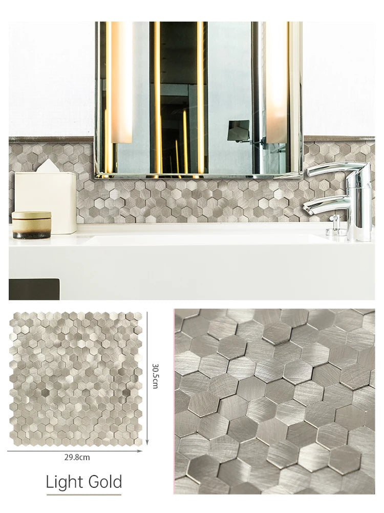 Light gold hexagon 3D metal peel-and-stick backsplash tiles, self-adhesive wall squares