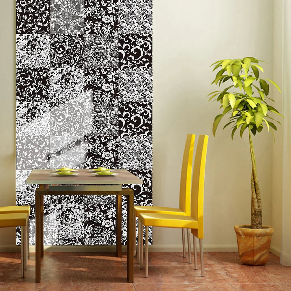 10 pcs/pack, Black and White Floral hard PVC Self-Adhesive Tile Stickers - Waterproof, Oil-Proof, Easy to Clean for Home Decor
