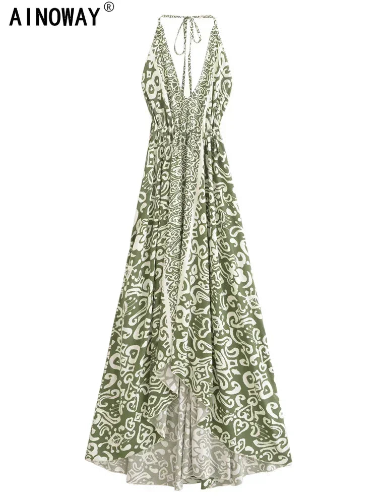 Vintage Women Geometric Print Backless Sexy Beach Bohemian Maxi Dress Lady High-Low Tassel Strapless Vacation Summer Boho Dress