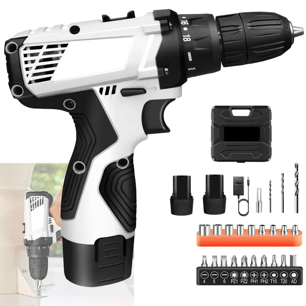 Podofo Cordless Drill Driver Kit with Battery 12V Multi-Function Electric Screwdriver Driver Tool Kit Home Repair DIY Power Tool