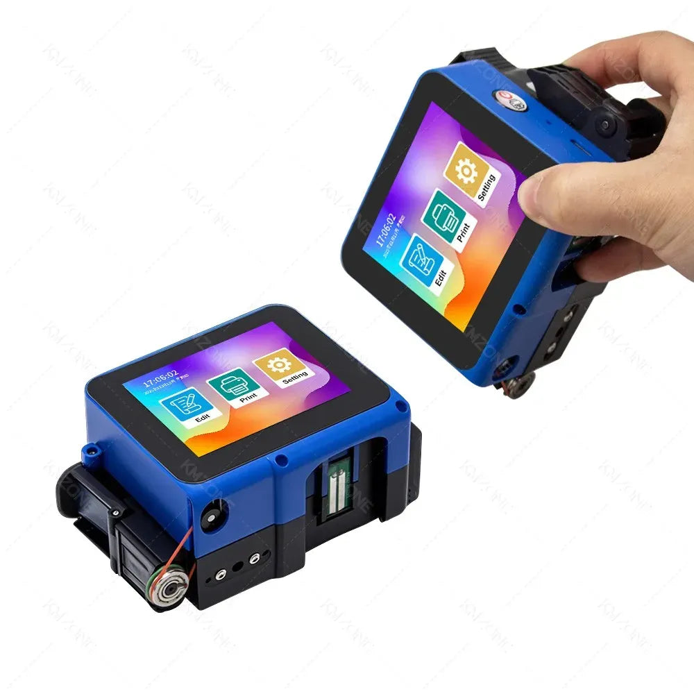 Handheld mini inkjet printer in blue, with LCD screen and cartridge holder