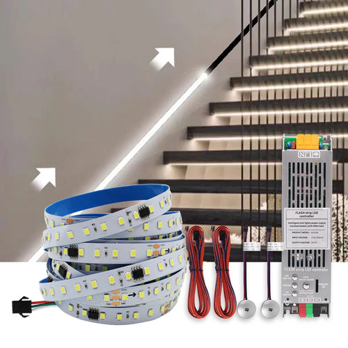 LED stair light kit with white strip LEDs, controller unit, and red wiring leads