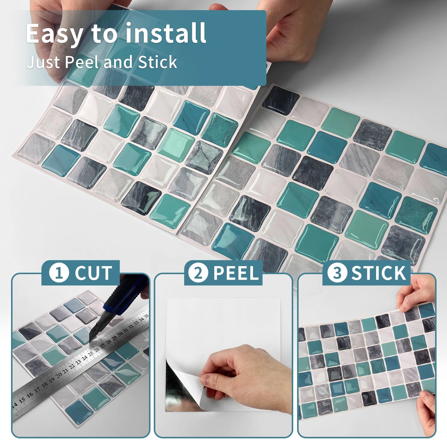 Mosaic tile stickers, removable self-adhesive wall decals, waterproof peel and stick backsplash, suitable for kitchen