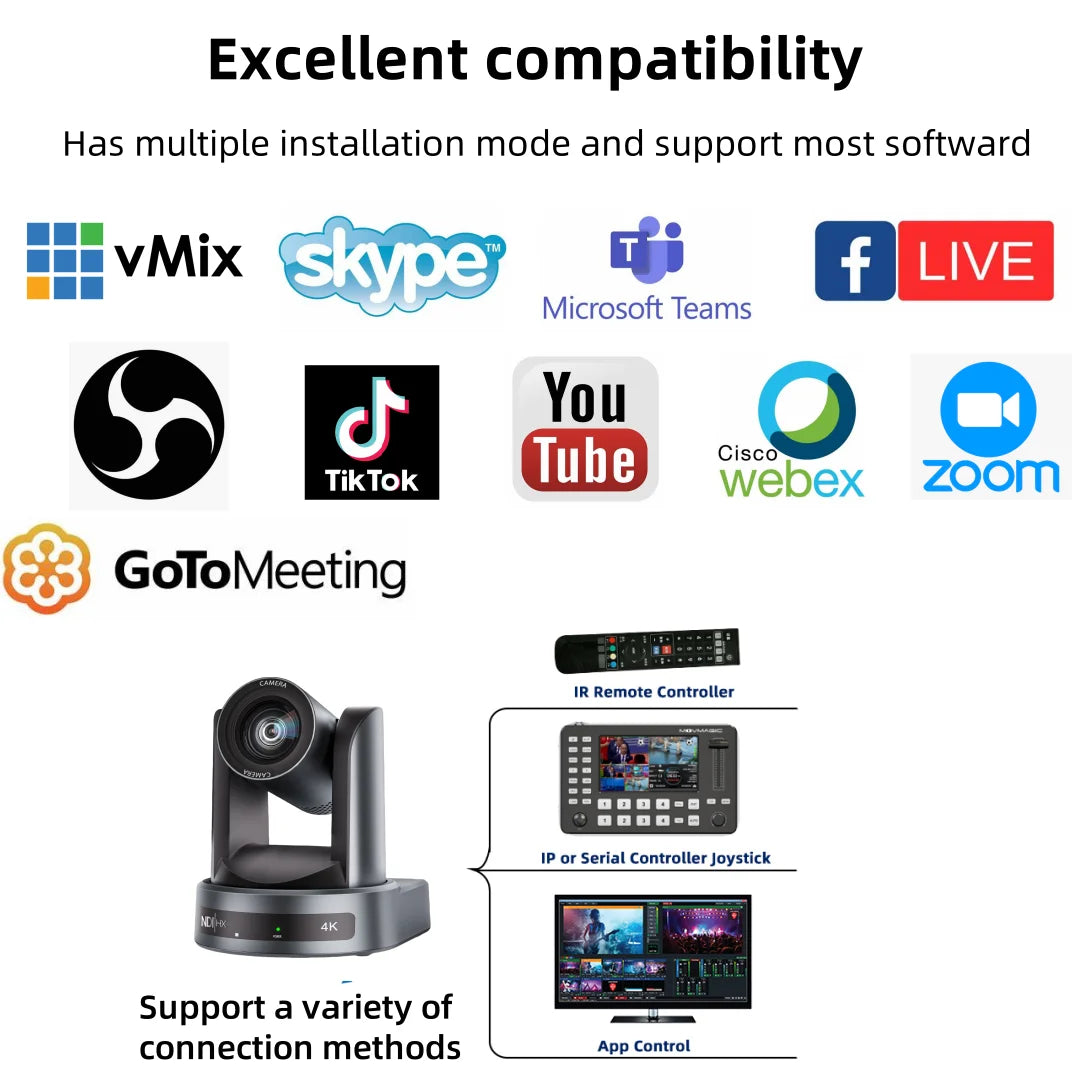 NDI/SDI 4K PTZ Camera 10X 20X Zoom Video Conference Live Streaming HDMI USB IP POE 1080P for Church NetMeeting Broadcast Youtube