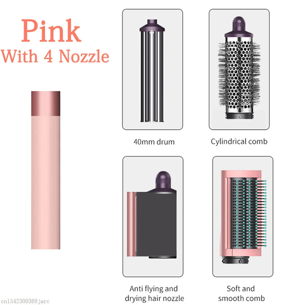 Pink SenCiciMen X9 4-in-1 hair styler set with curling barrel, hot air brush, dryer nozzle, and smoothing comb.
