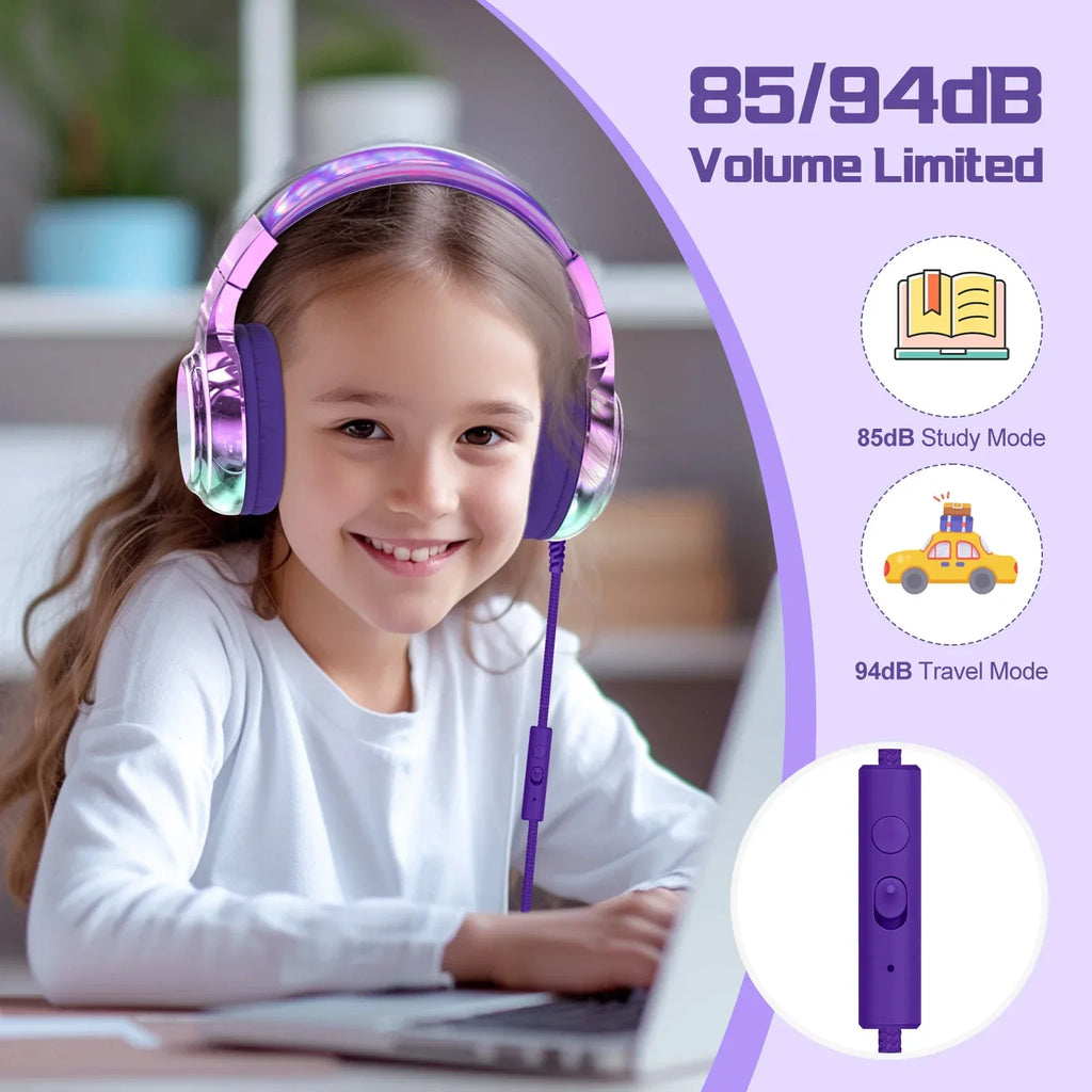 Kids Headphones Wired for School 85/94dB Volume Limiter Foldable Stereo Sound Headset with Mic for Kids Girls Learning Tablet PC Tidesmit