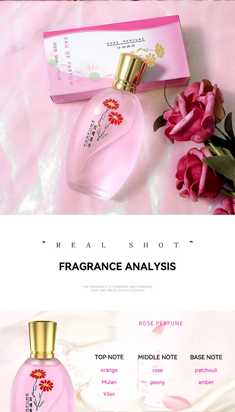 Rose Perfume 50ml EDP for women: Floral scent with rose, peony, and orange notes in a sleek oval glass bottle.