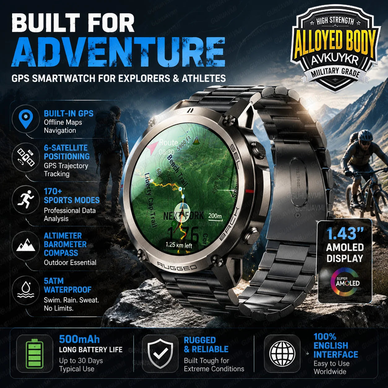 New Outdoor Sport GPS Position Smart Watch Men 1.43'AMOLED 170+Sport Mode 5ATM Waterproof Heart Rate Fitness Tracker Bracelets