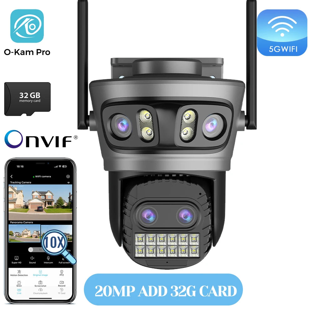 PTZ WiFi security camera with antenna and 20MP add 32G card label