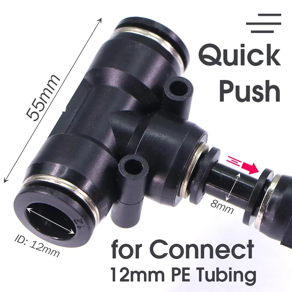 Quick-push misting valve connector for 12mm PE tubing, black body