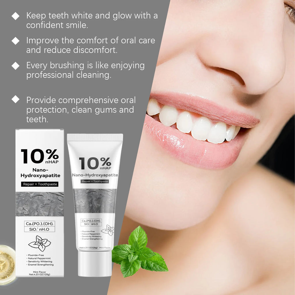 Tidesmit Nano Hydroxyapatite whitening toothpaste for enamel repair, stain removal, and sensitive teeth care.