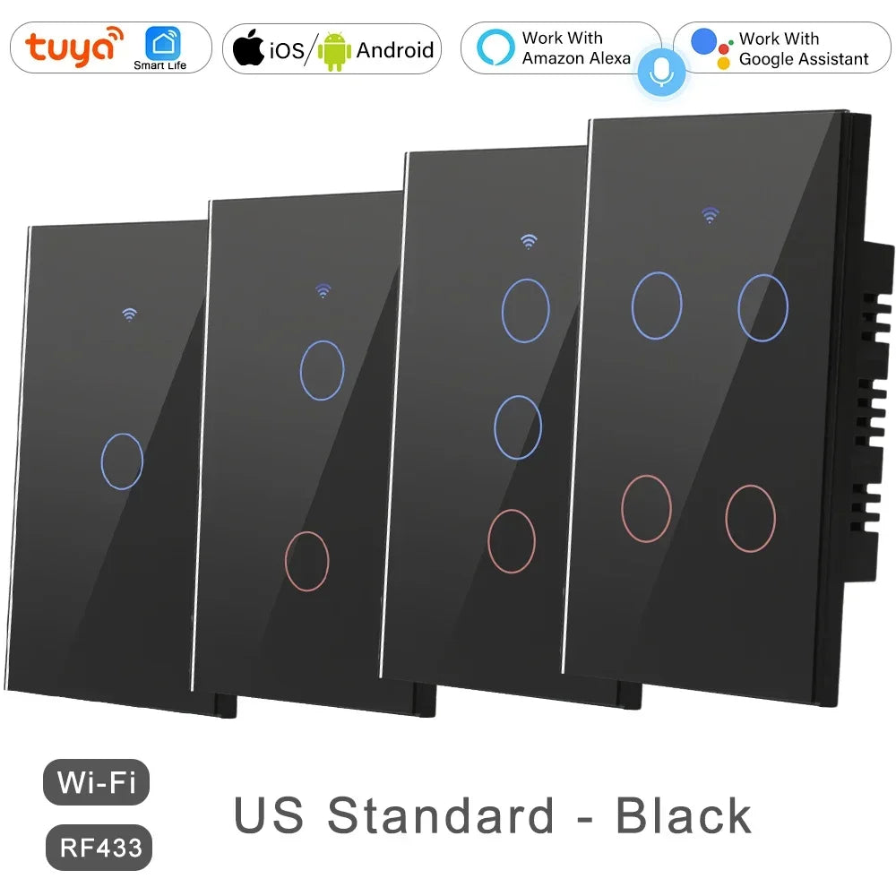 2 Way Smart RF433 Remote Control Wall Light Touch Switch Light Glass WiFi Tuya Smart Life US USA White Black Gold Alexa ON OFF