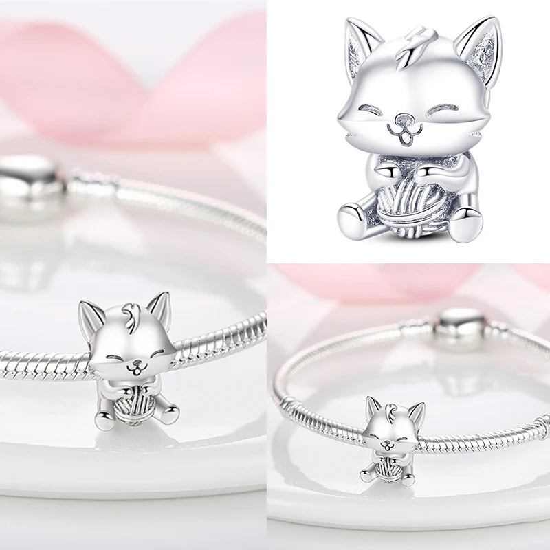 Cute 925 sterling silver kitten cat charm bead for DIY charm bracelets, perfect for pet lovers and jewelry gift.