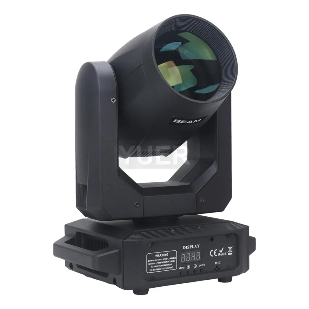 Black LED moving head stage light with front lens and angled housing