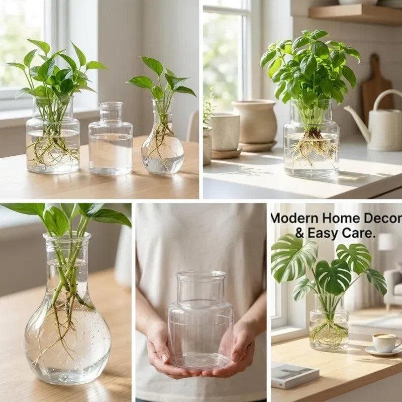 Clear glass hydroponic plant pots with green seedlings and exposed roots on a table