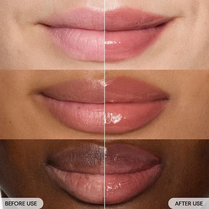 Before and after application of Laneige strawberry sugar lip plumping gloss, showing shiny, hydrated, tinted lips.