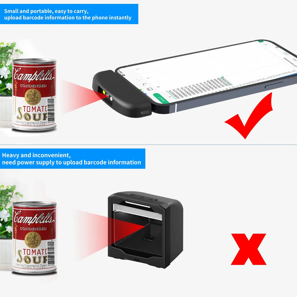 Black barcode scanner placed on a phone to scan codes, shown with success and error icons