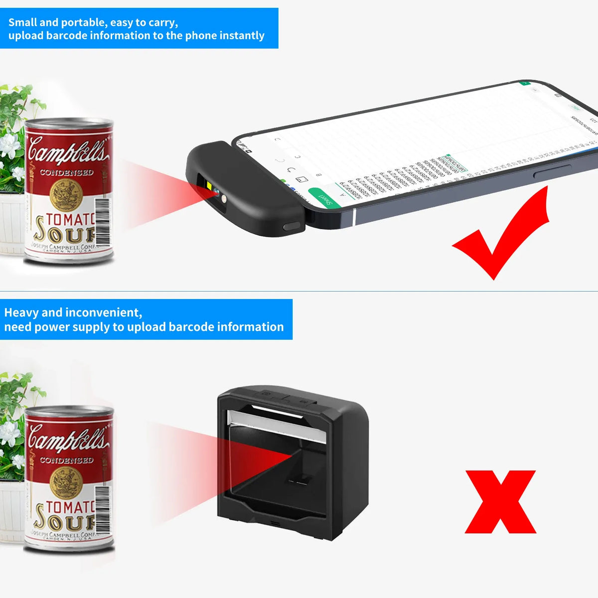 Black barcode scanner placed on a phone to scan codes, shown with success and error icons
