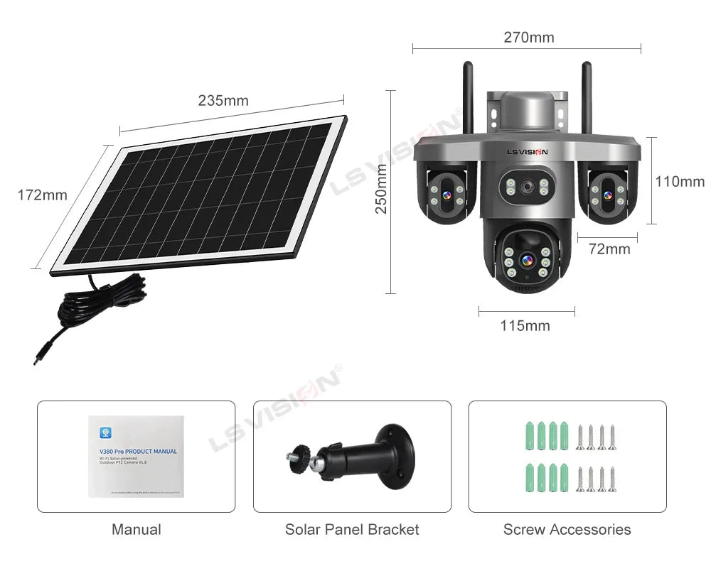 LS VISION 15MP 4G Wifi Solar Camera 3-Screen 10X Zoom PTZ 360°Rotatable PIR Human Detect CCTV Security Video IP Camara V380 Pro