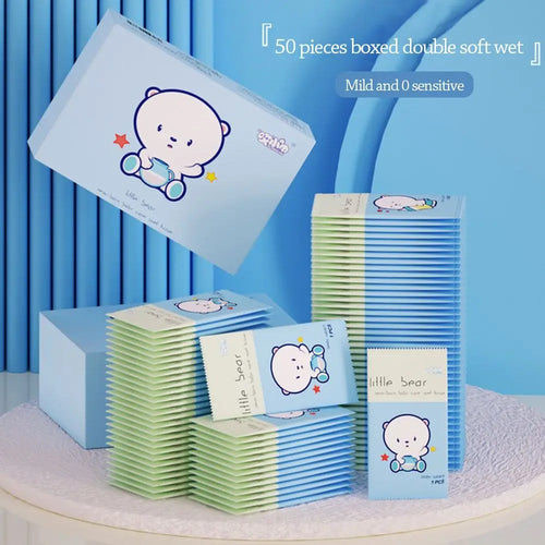 Little Bear soft baby wet wipes, 50-piece box, mild sensitive skin care, blue individual packets for babies.