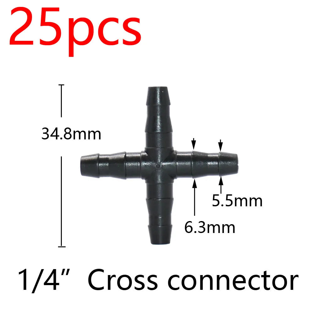 1/4 inch barbed cross connector, dark plastic four-way irrigation fitting