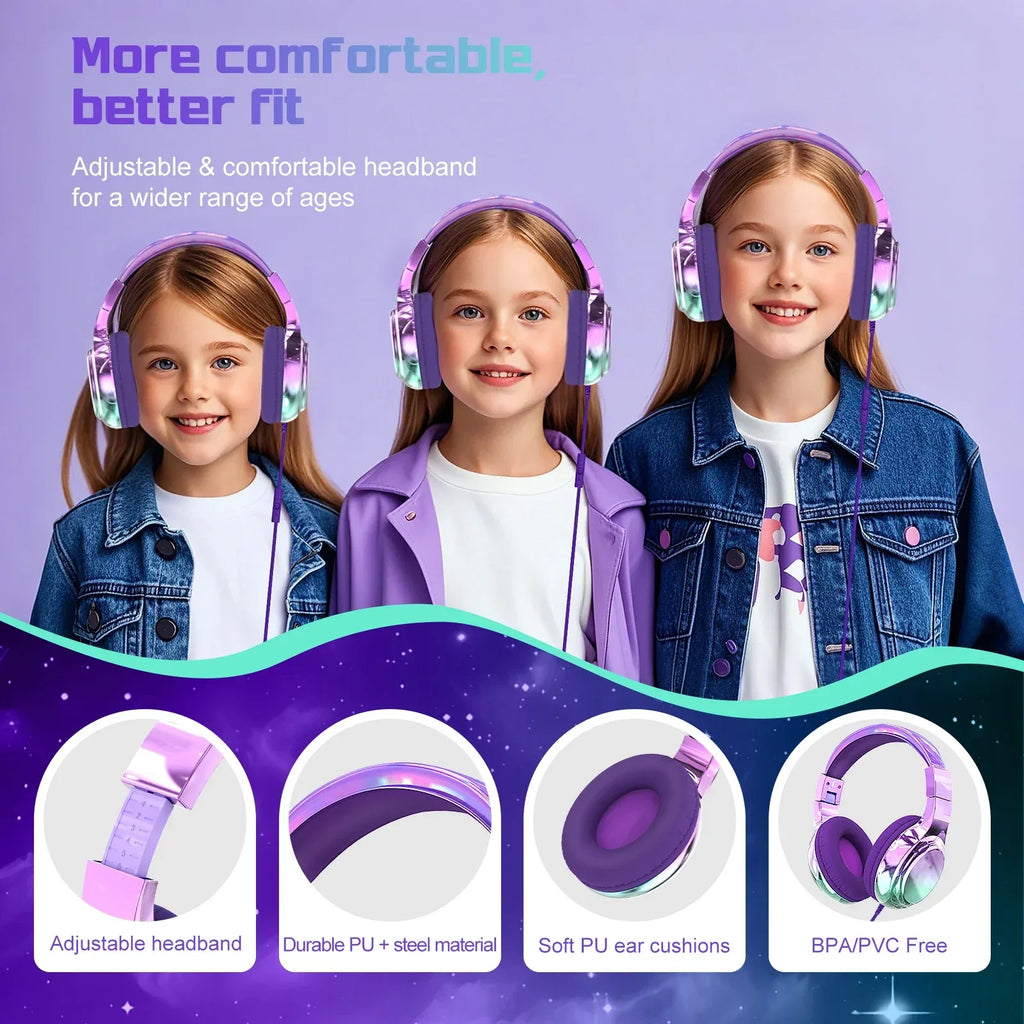 Kids Headphones Wired for School 85/94dB Volume Limiter Foldable Stereo Sound Headset with Mic for Kids Girls Learning Tablet PC Tidesmit