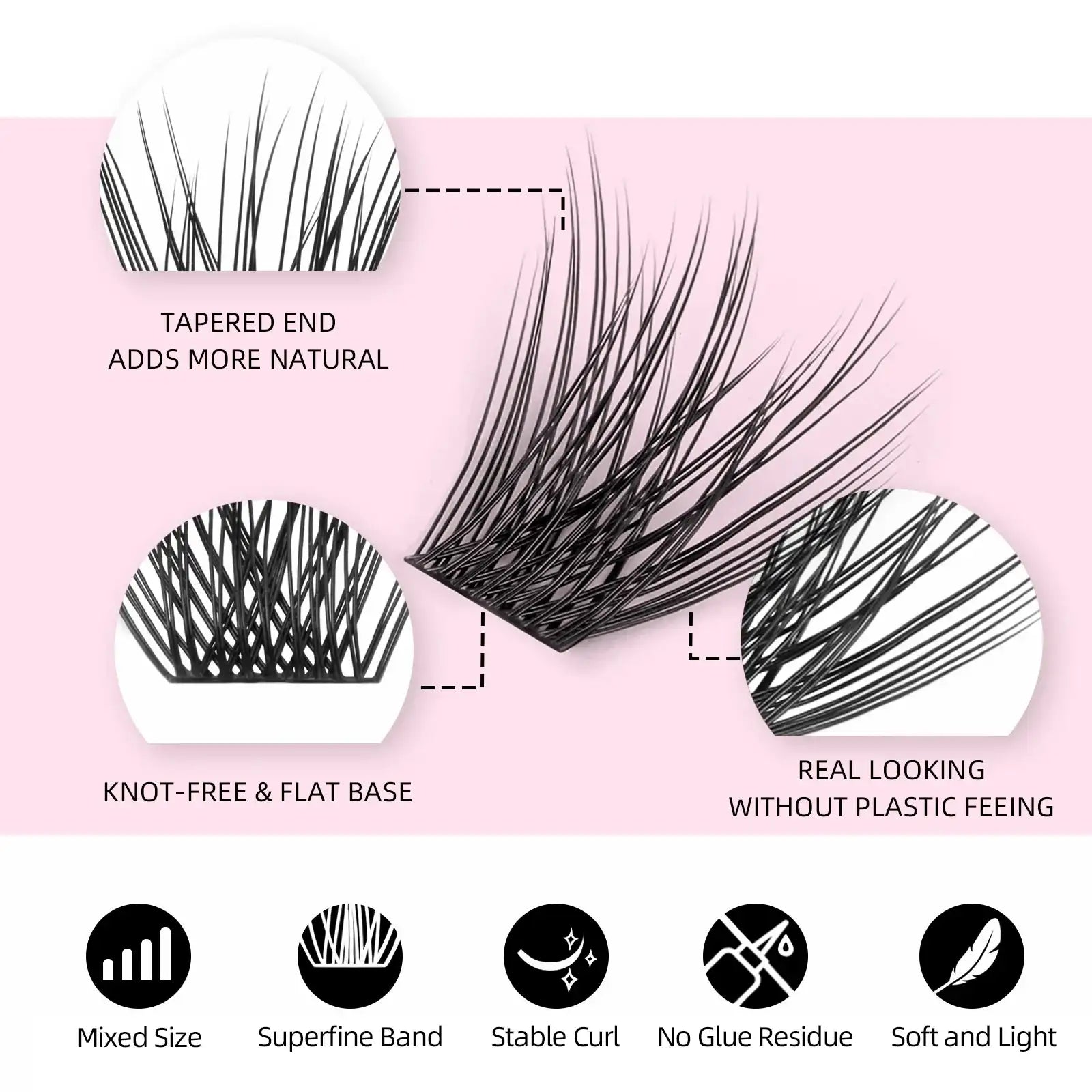 Tidesmit 144-piece cluster lash kit showing black, knot-free, tapered mink lashes with flat, superfine bands.