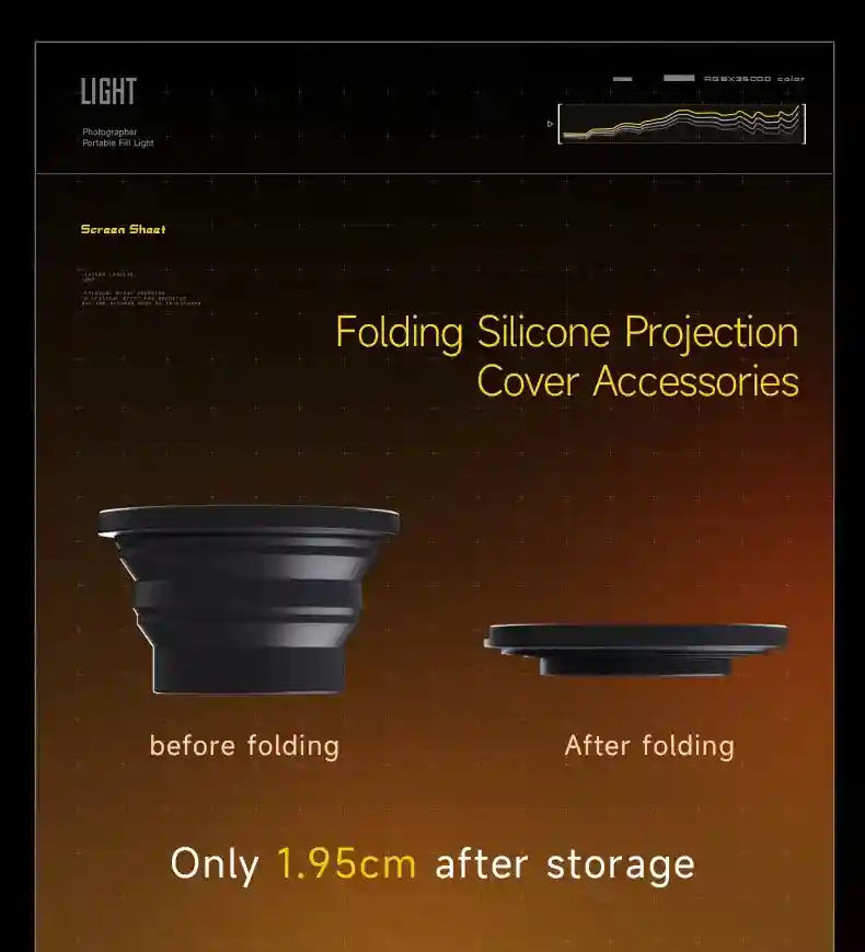 Black folding silicone projection cover for portable photography lights, collapsible to 1.95cm for compact storage.