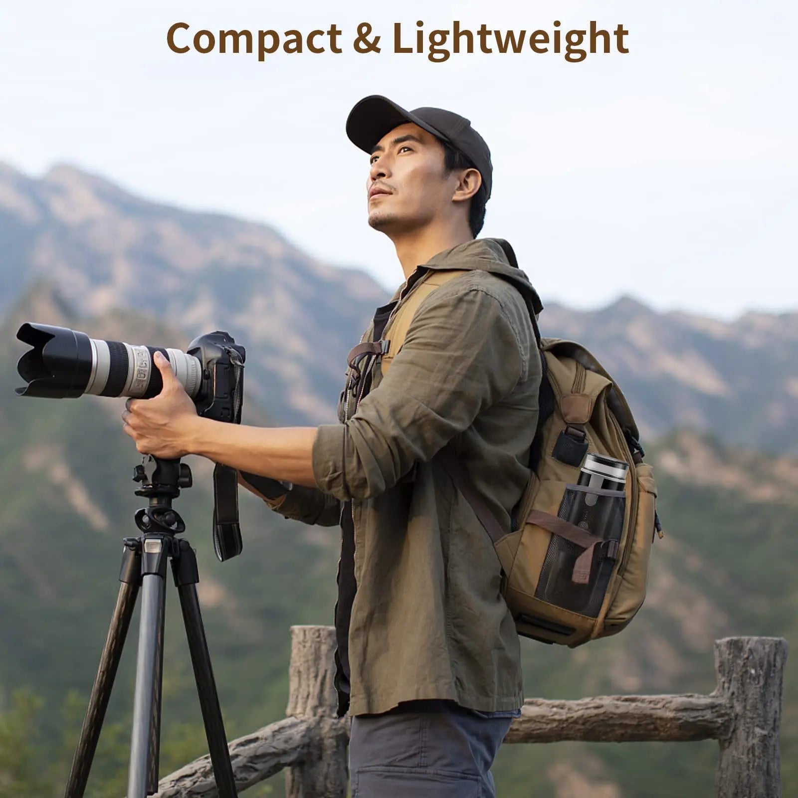 Compact black portable coffee maker stored in a backpack side pocket, ideal for outdoor travel and photography.