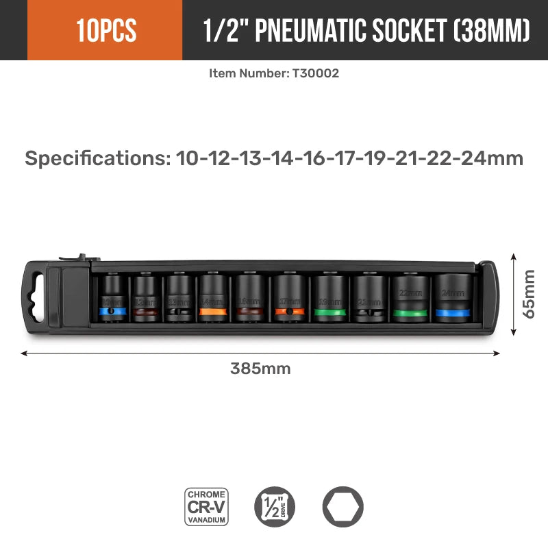 10-piece 1/2 pneumatic socket set bar with black sockets and colored indicator rings